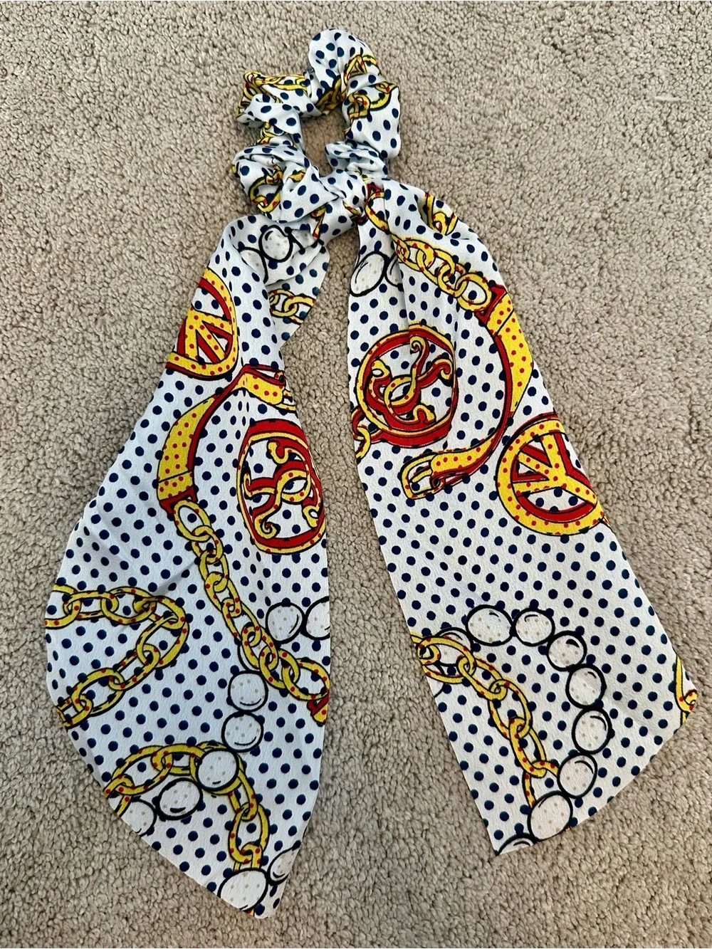 Polka Dot Chain Print Hair Scarf Scrunchie - White/Yellow/Red